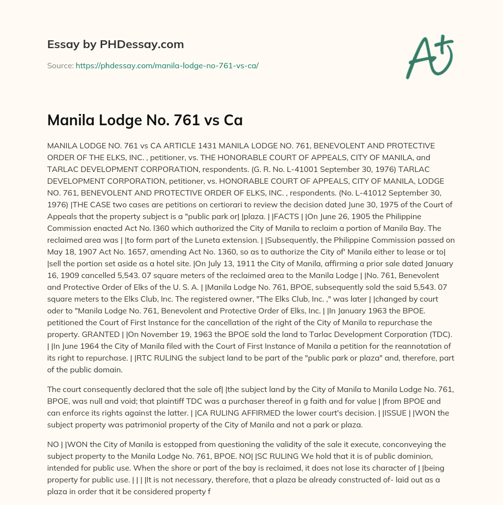 Manila Lodge No. 761 vs Ca essay