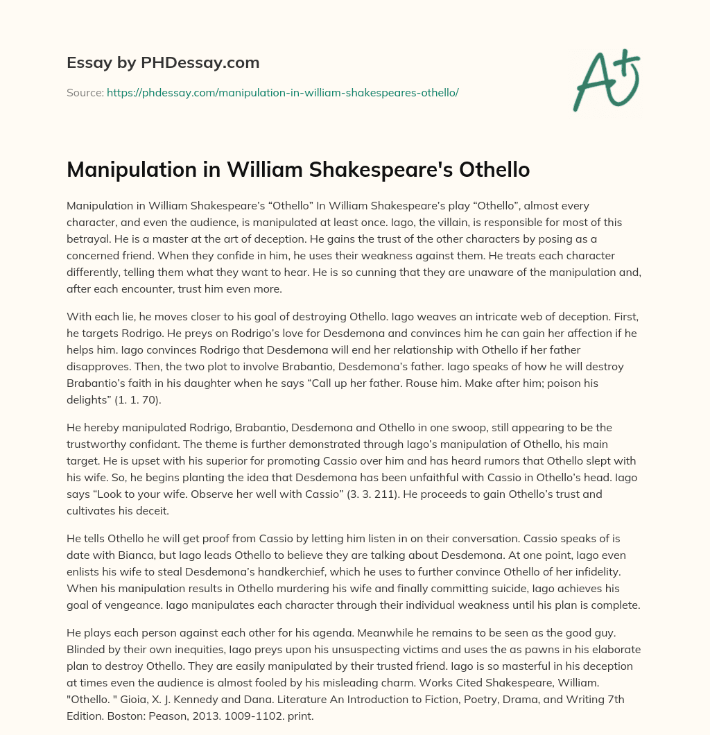 Manipulation in William Shakespeare’s Othello essay
