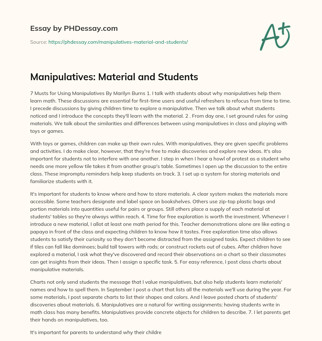 Manipulatives: Material and Students essay