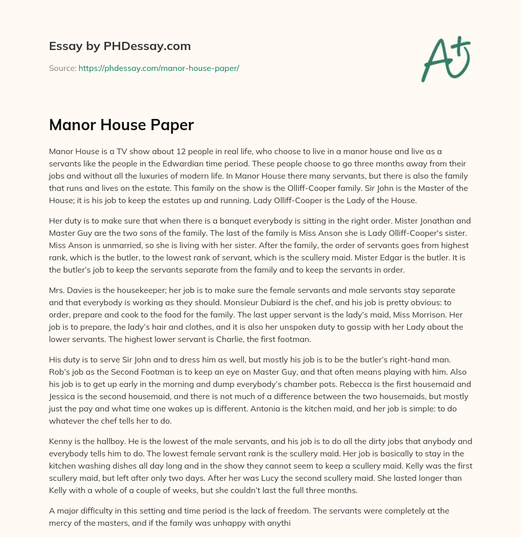 Manor House Paper essay