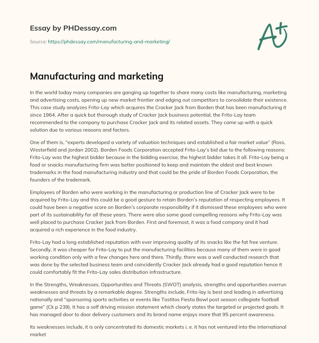Manufacturing and marketing essay