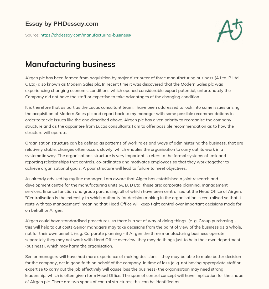 Manufacturing business essay