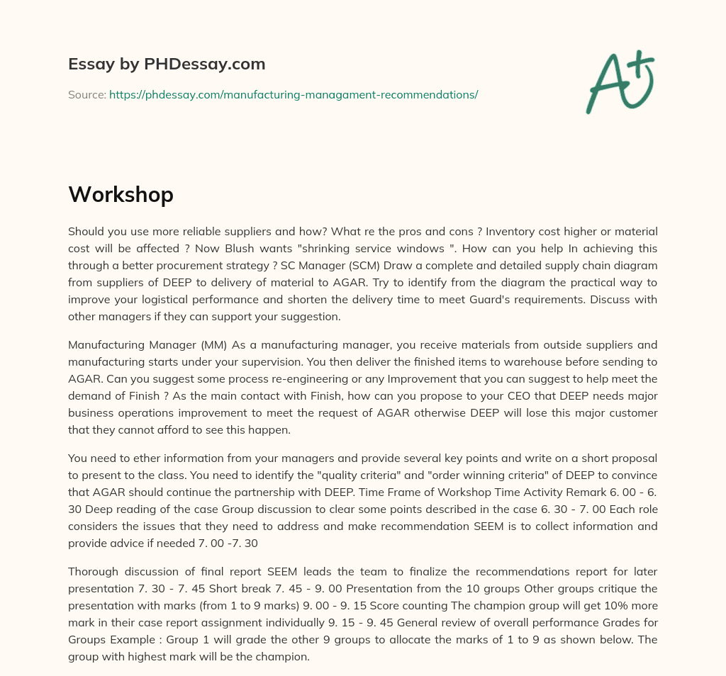 Improving Supplier Reliability and Achieving Shrinking Service Windows: Strategies and Challenges for DEEP’s Supply Chain essay