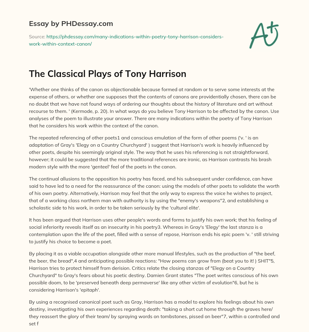 The Classical Plays of Tony Harrison essay