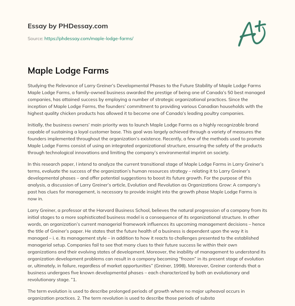 Maple Lodge Farms essay