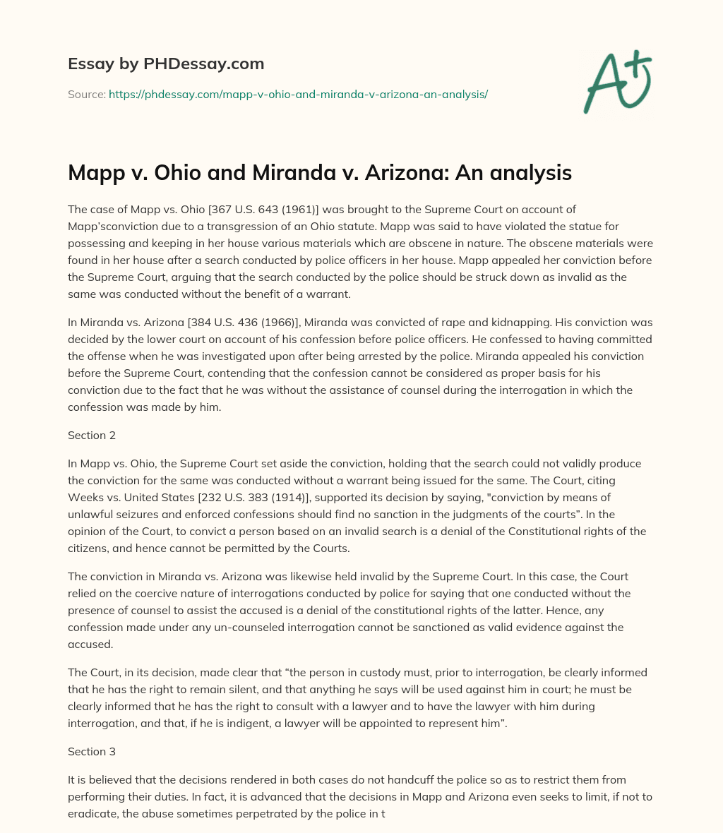 Mapp v. Ohio and Miranda v. Arizona: An analysis essay