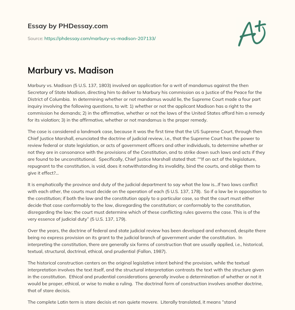 Marbury vs. Madison essay