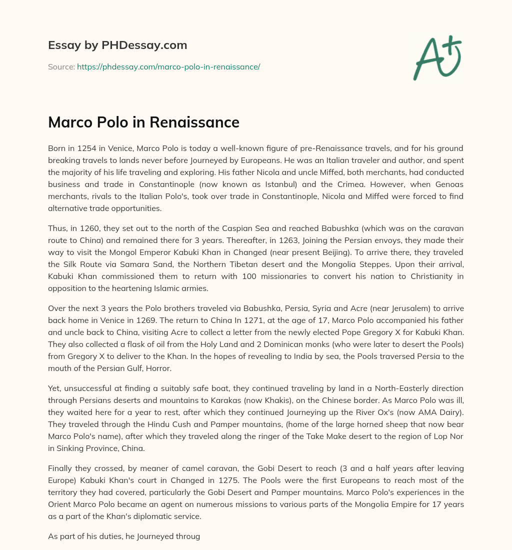Marco Polo in Renaissance essay