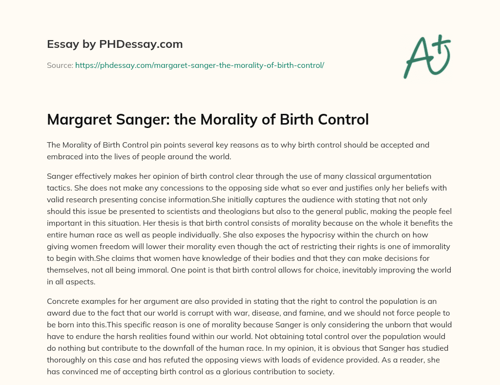 Margaret Sanger: the Morality of Birth Control essay