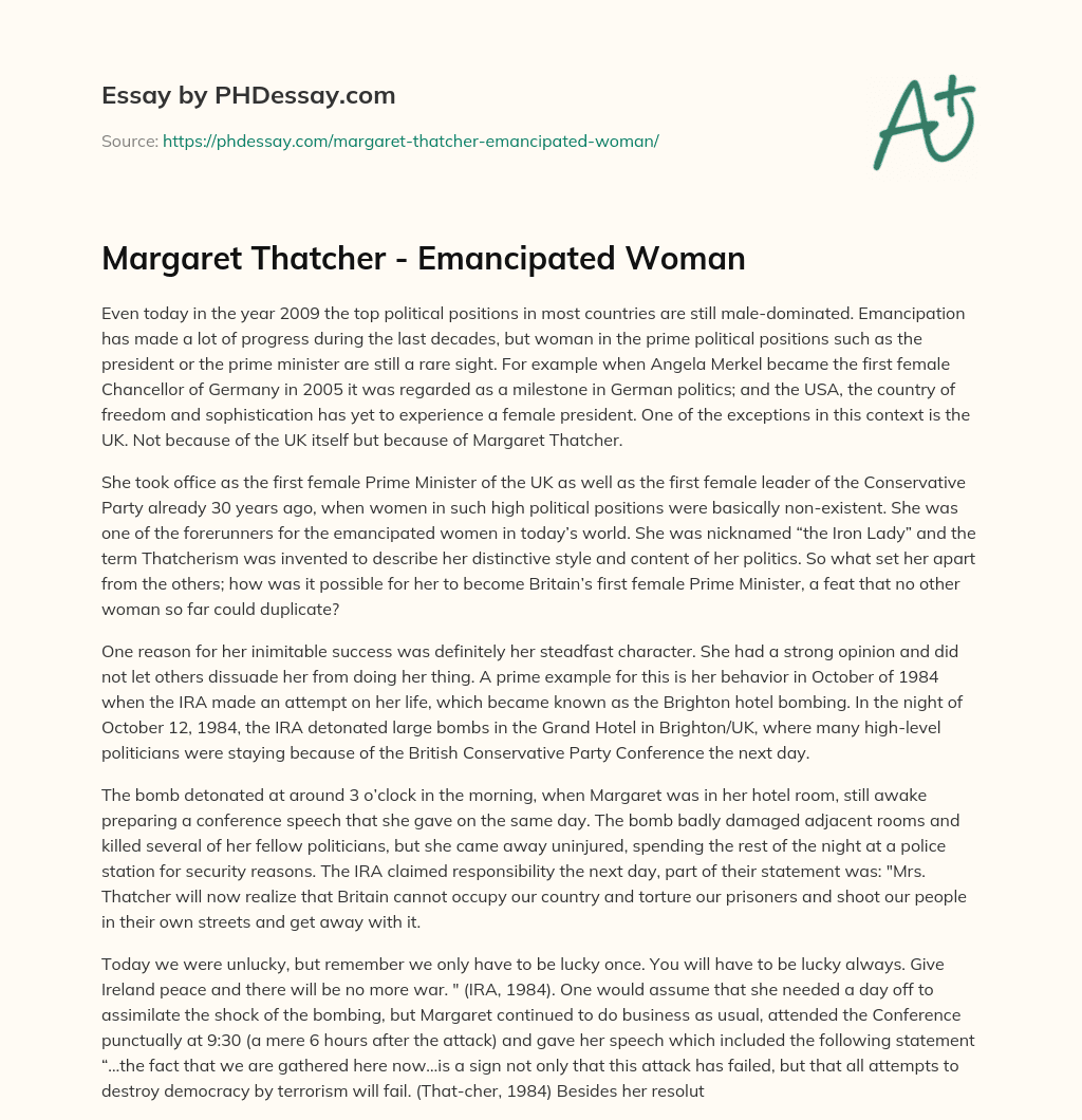 Margaret Thatcher – Emancipated Woman essay
