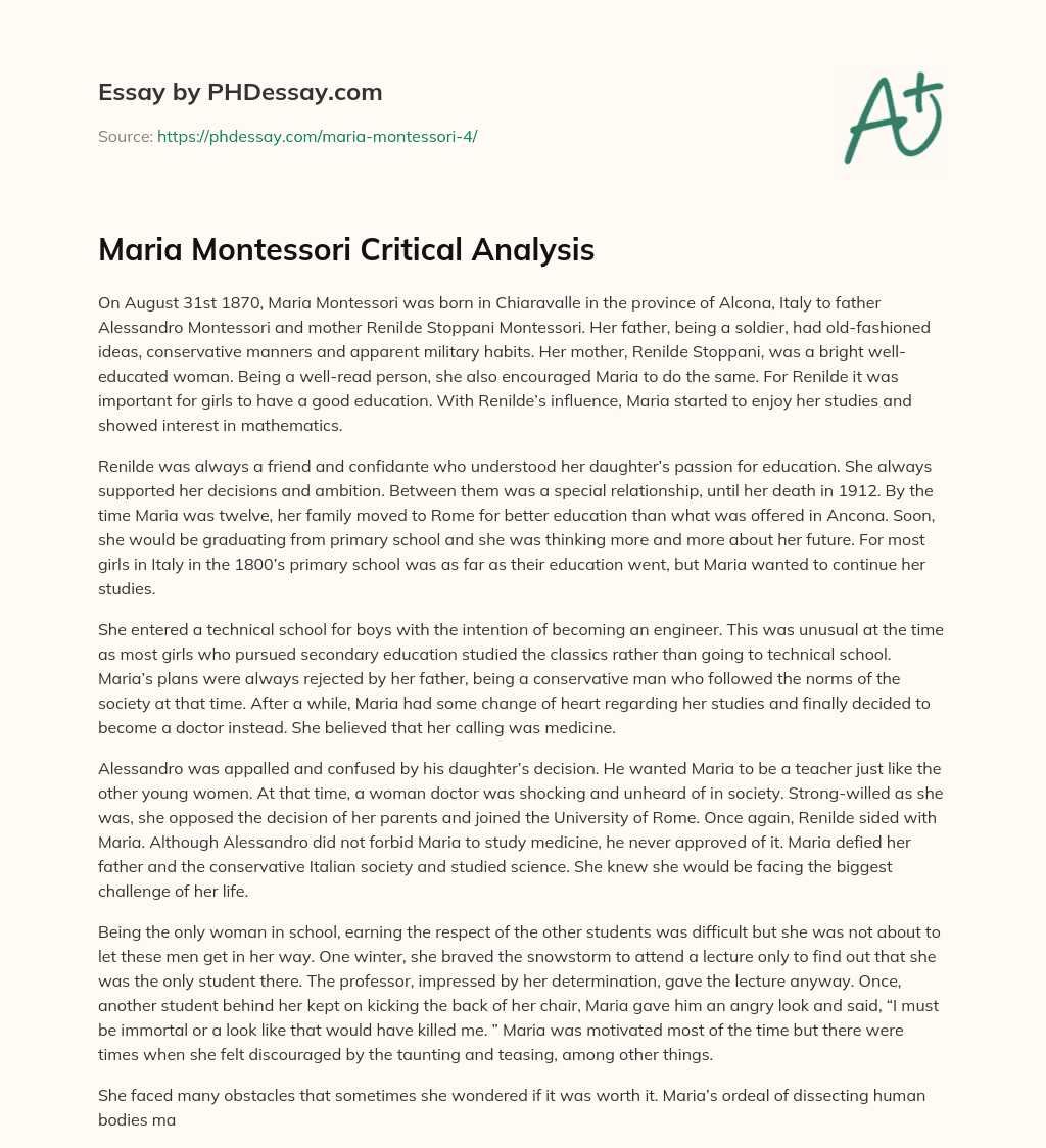 Maria Montessori Critical Analysis essay