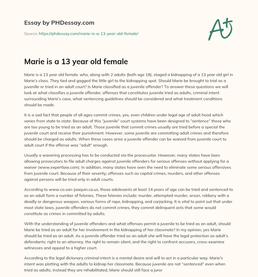 Marie is a 13 year old female essay