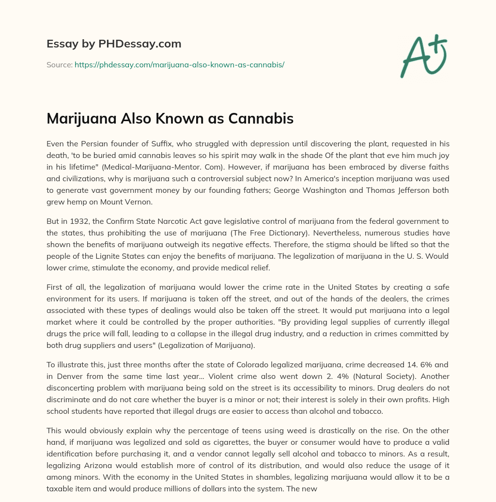 Marijuana Also Known as Cannabis essay
