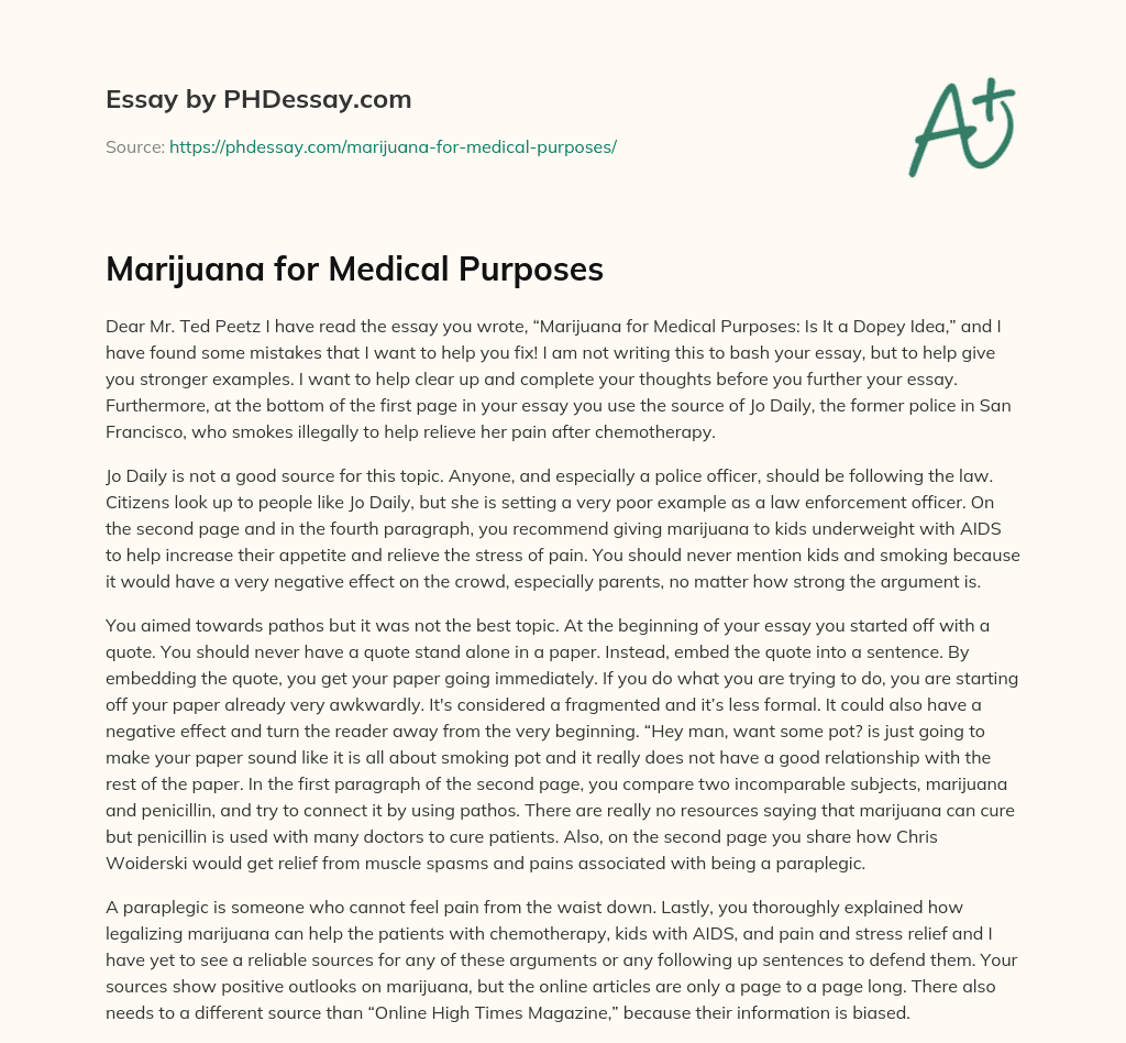 Marijuana for Medical Purposes essay