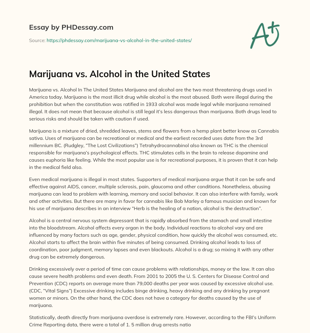 Marijuana vs. Alcohol in the United States essay
