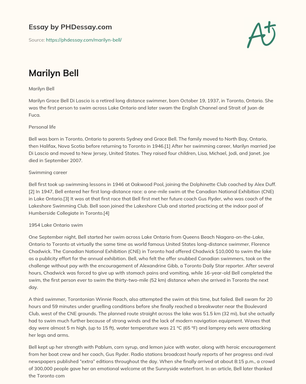 Retired Long Distance Swimmer Marilyn Grace Bell Di Lascio essay