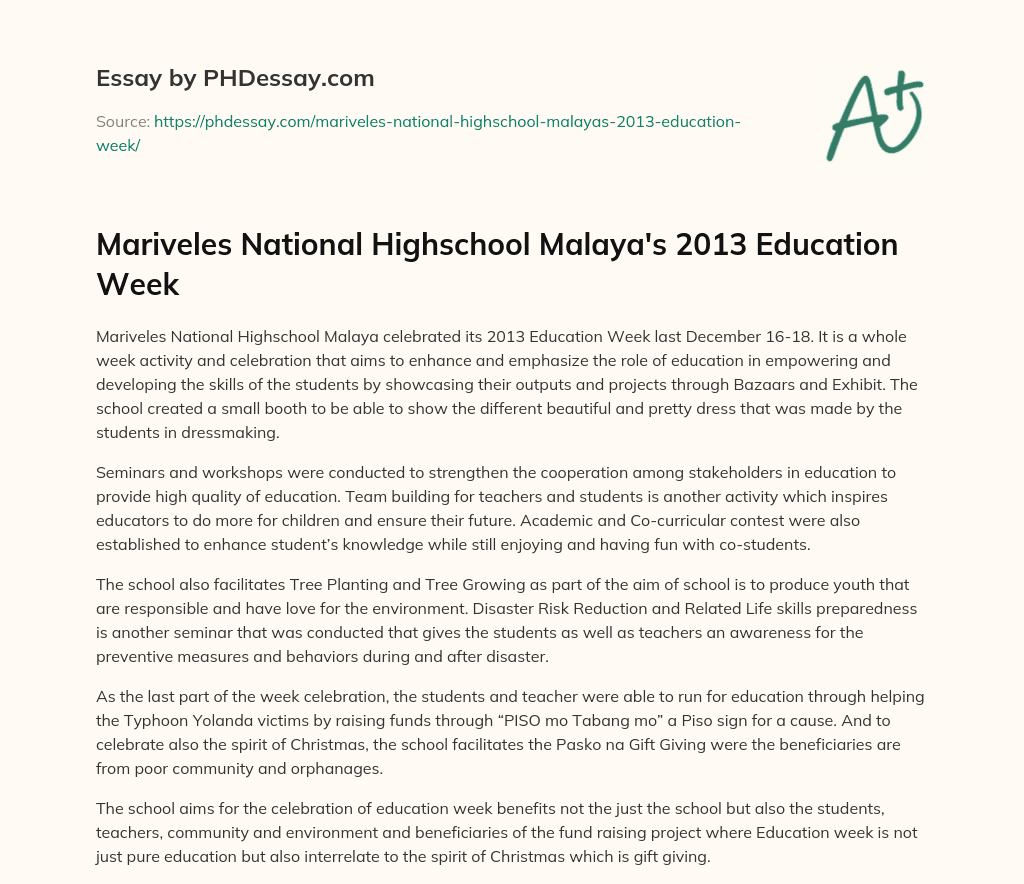 Mariveles National Highschool Malaya’s 2013 Education Week essay