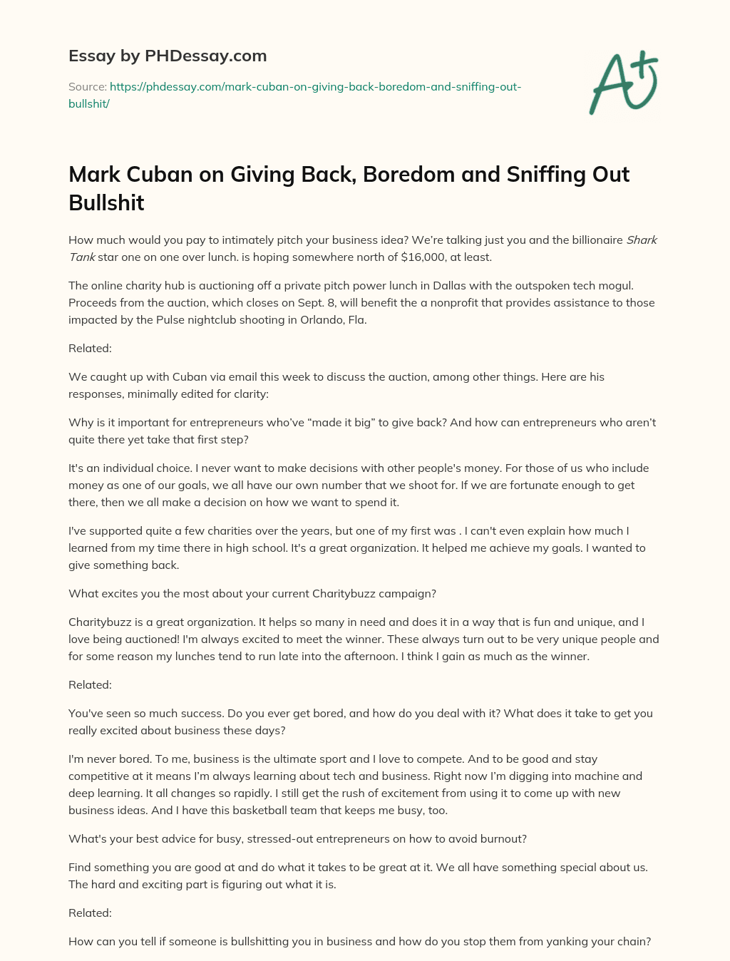 Mark Cuban on Giving Back, Boredom and Sniffing Out Bullshit essay