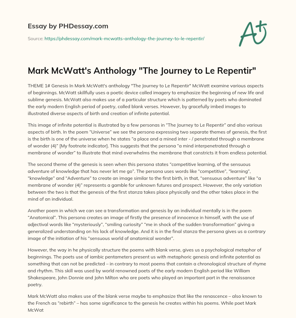 Mark McWatt’s Anthology “The Journey to Le Repentir” essay