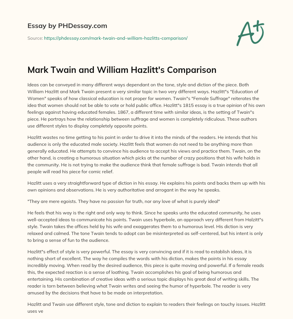 Mark Twain and William Hazlitt’s Comparison essay