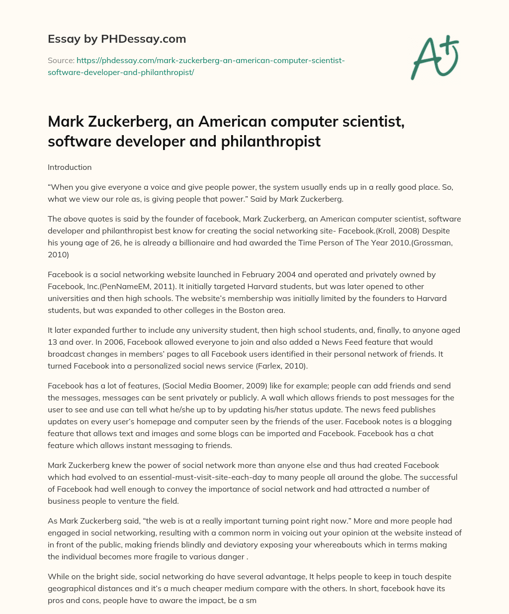 Mark Zuckerberg and the Creation of Facebook essay