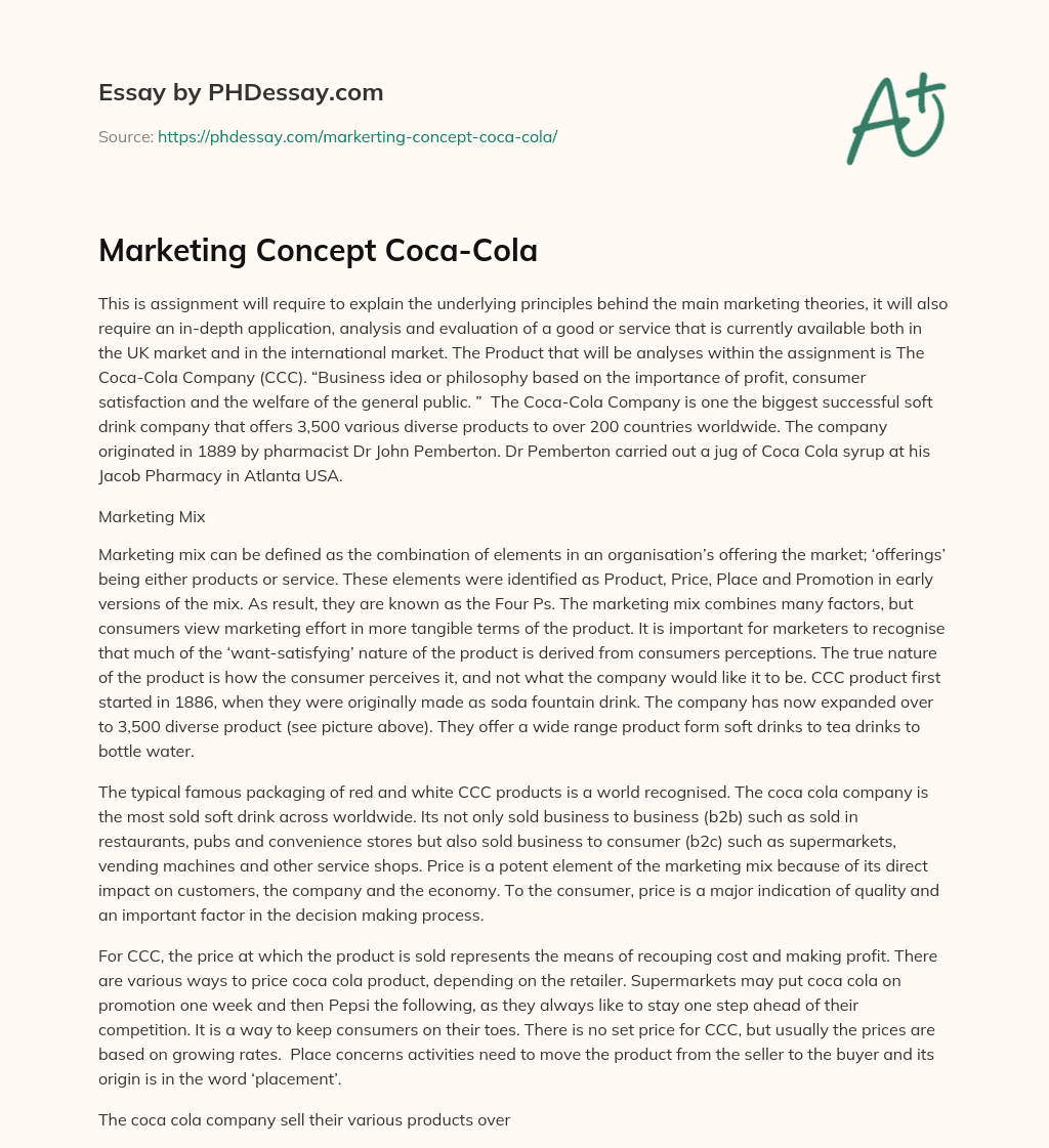 Marketing Concept Coca-Cola essay