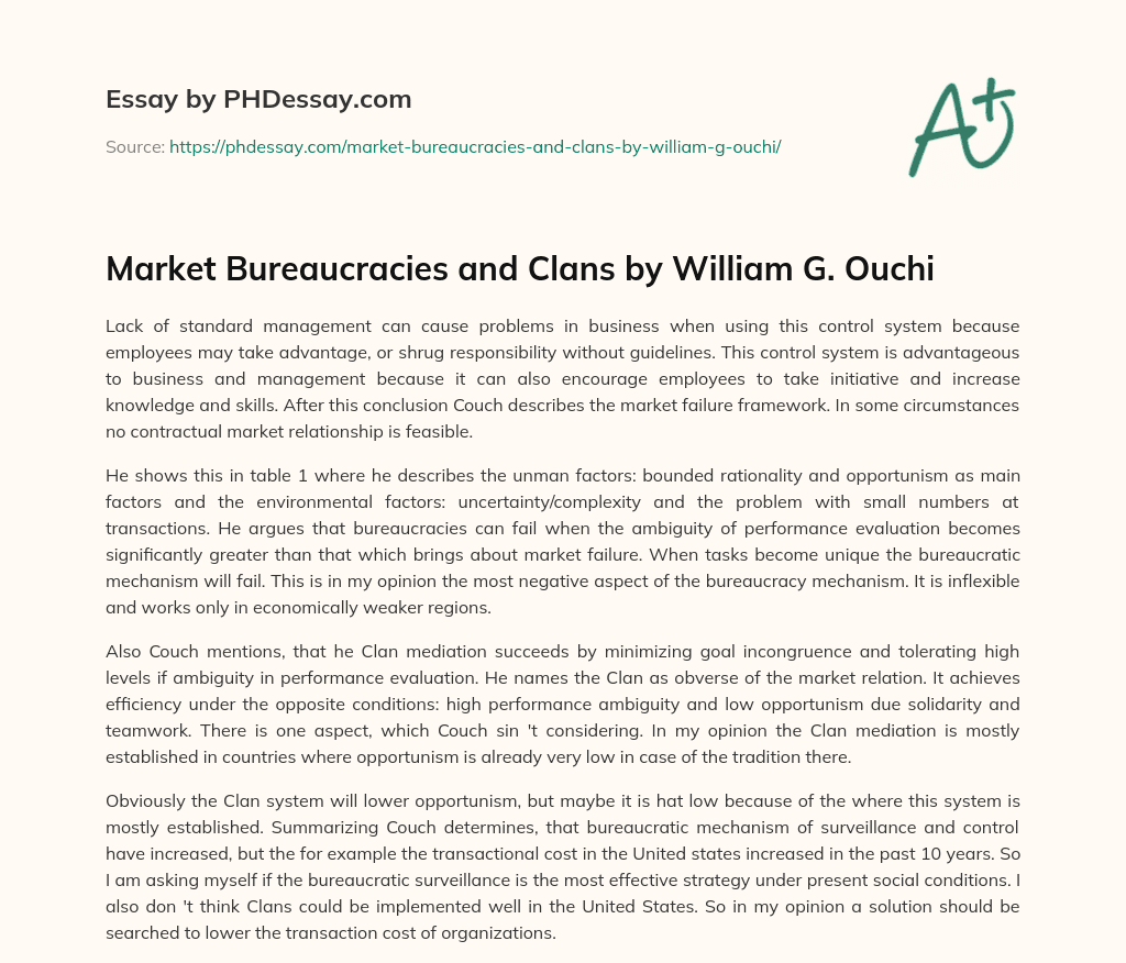 Market Bureaucracies and Clans by William G. Ouchi essay