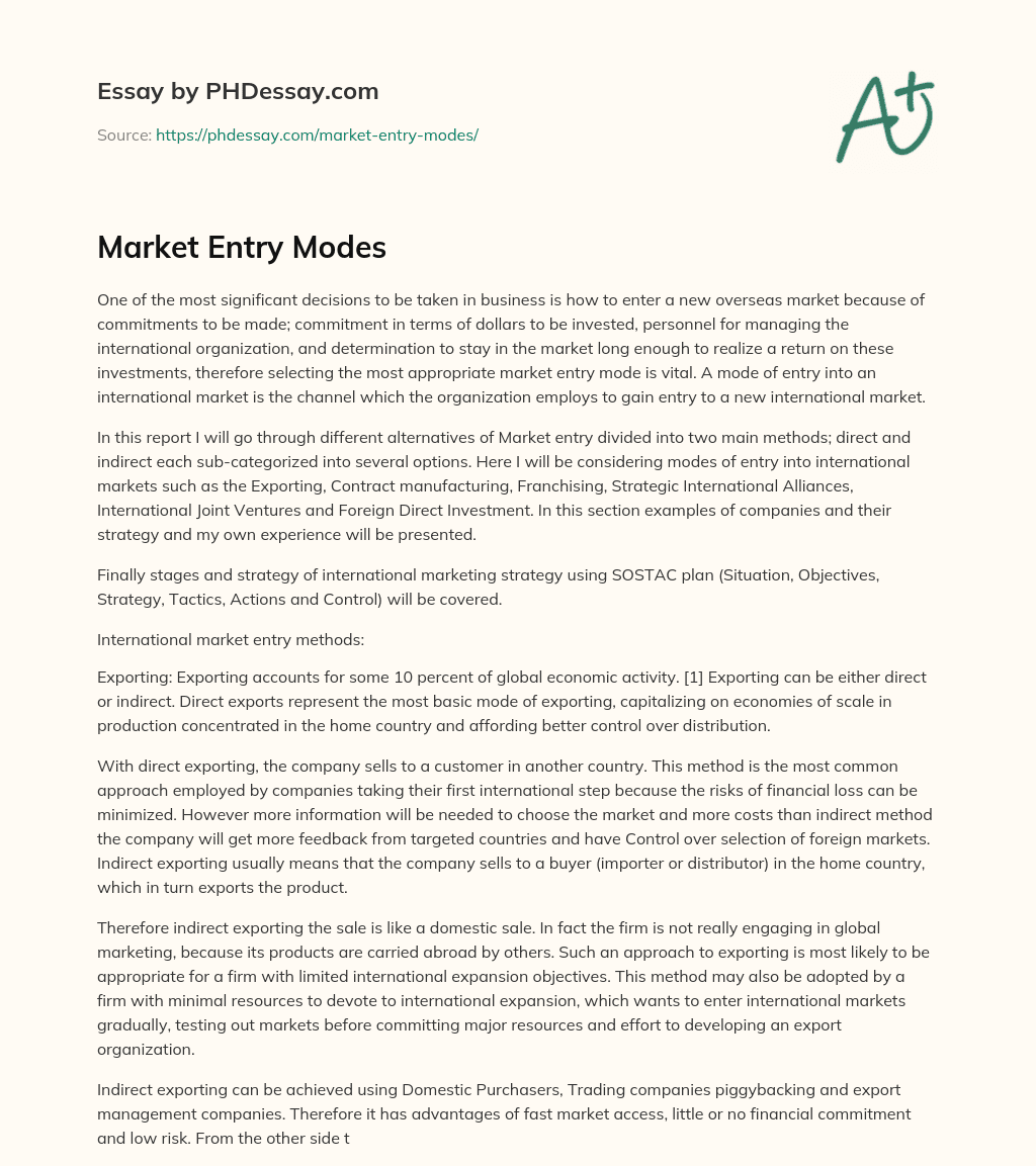 Market Entry Modes essay
