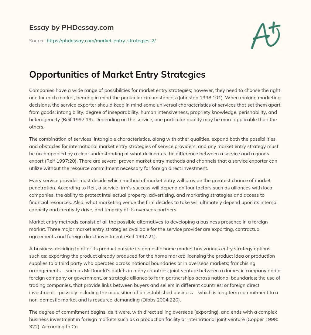 Opportunities of Market Entry Strategies essay
