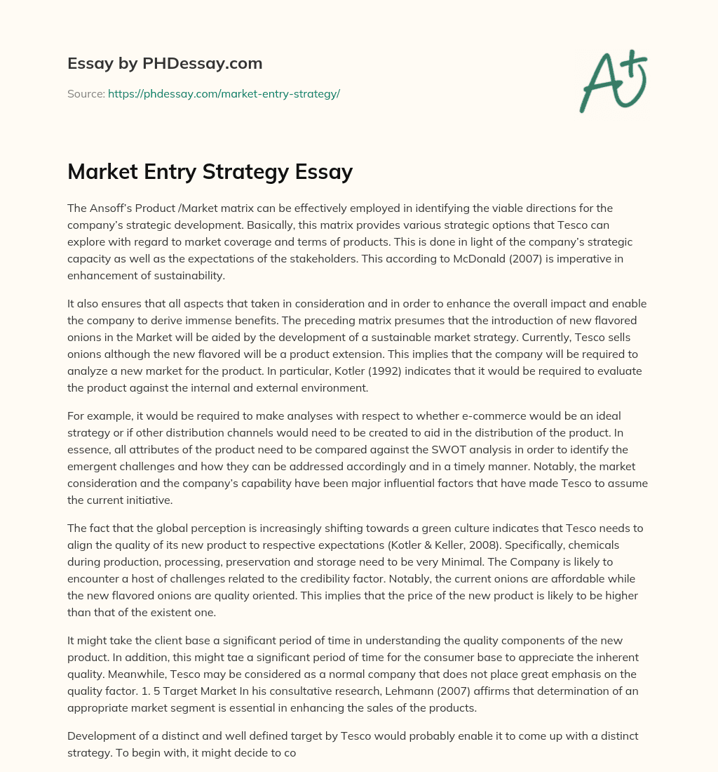 Market Entry Strategy Essay essay