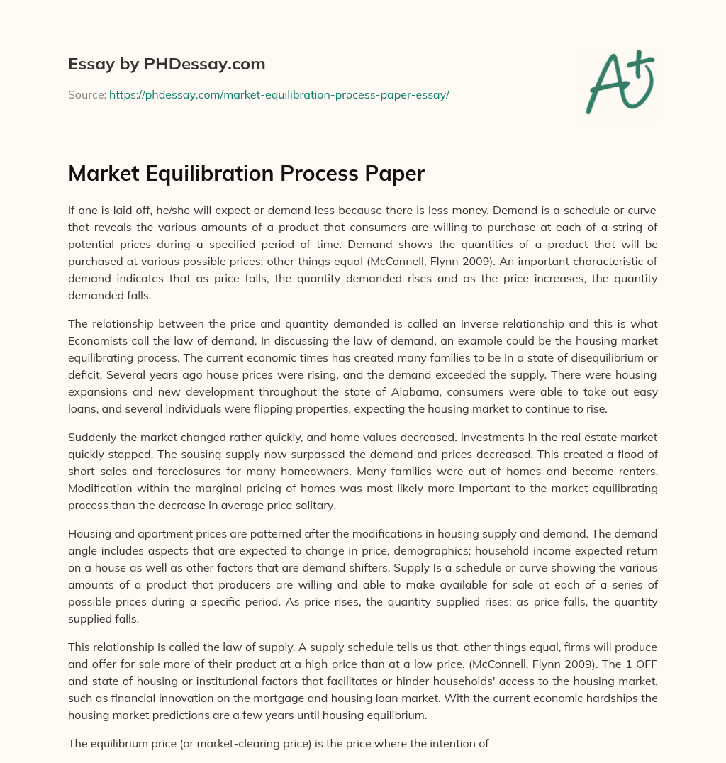 Market Equilibration Process Paper essay