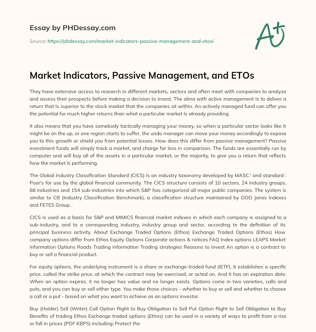 Market Indicators, Passive Management, and ETOs essay
