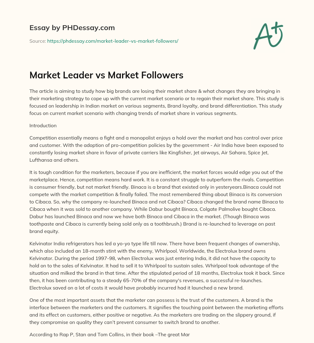 Market Leader vs Market Followers essay