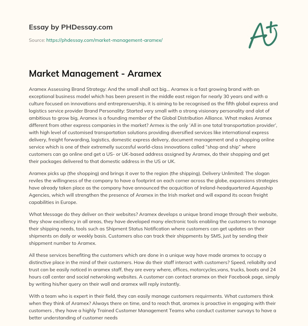 Market Management – Aramex essay