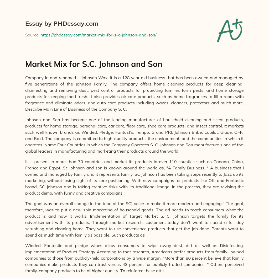 Market Mix for S.C. Johnson and Son essay