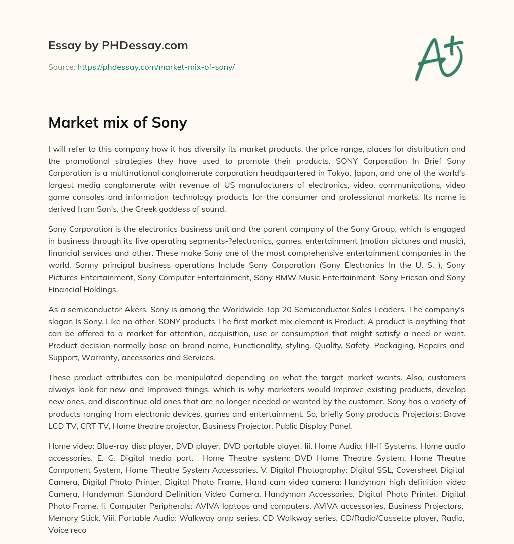 Market mix of Sony essay