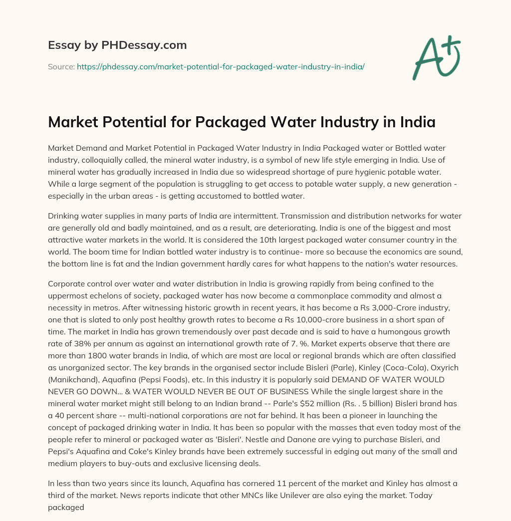 Market Potential for Packaged Water Industry in India essay