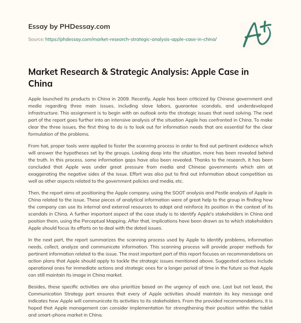 Market Research & Strategic Analysis: Apple Case in China essay