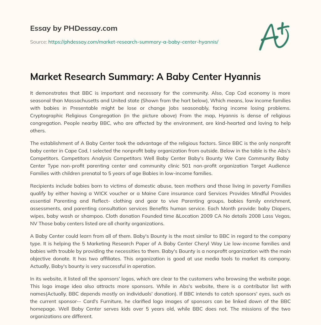 Market Research Summary: A Baby Center Hyannis essay