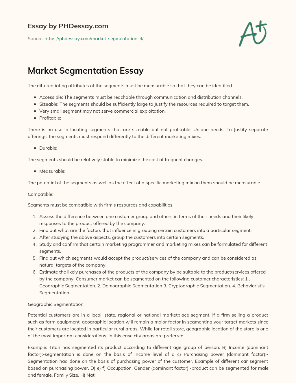 Market Segmentation Essay essay