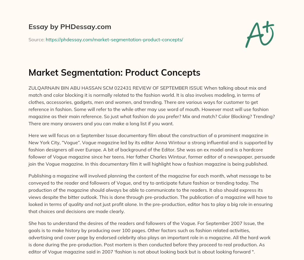 Market Segmentation: Product Concepts essay