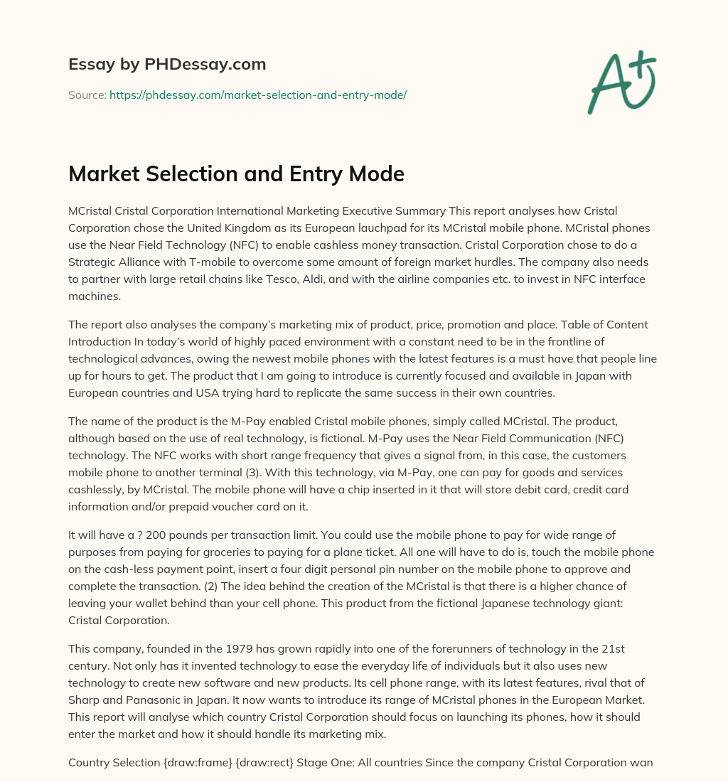 Market Selection and Entry Mode essay