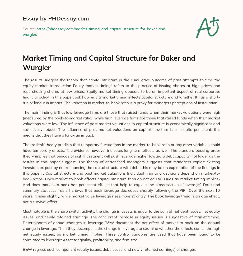 Market Timing and Capital Structure for Baker and Wurgler essay
