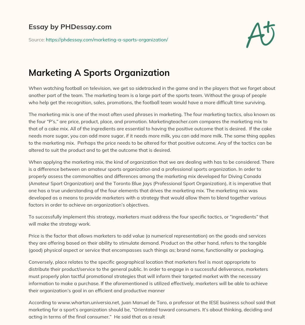 Marketing A Sports Organization essay