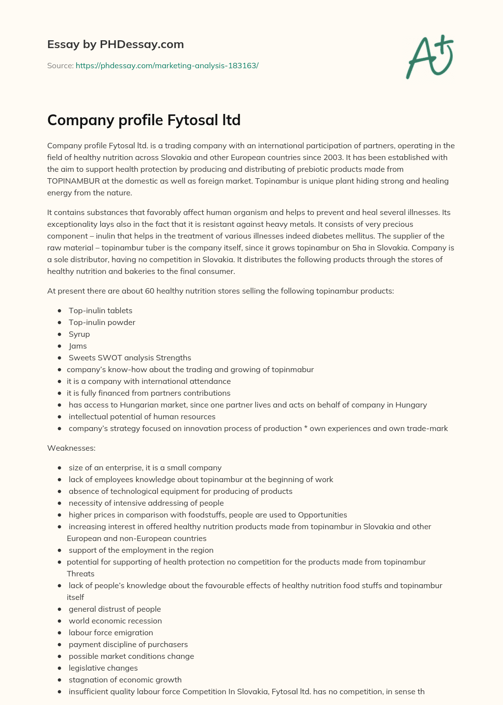Company profile Fytosal ltd essay