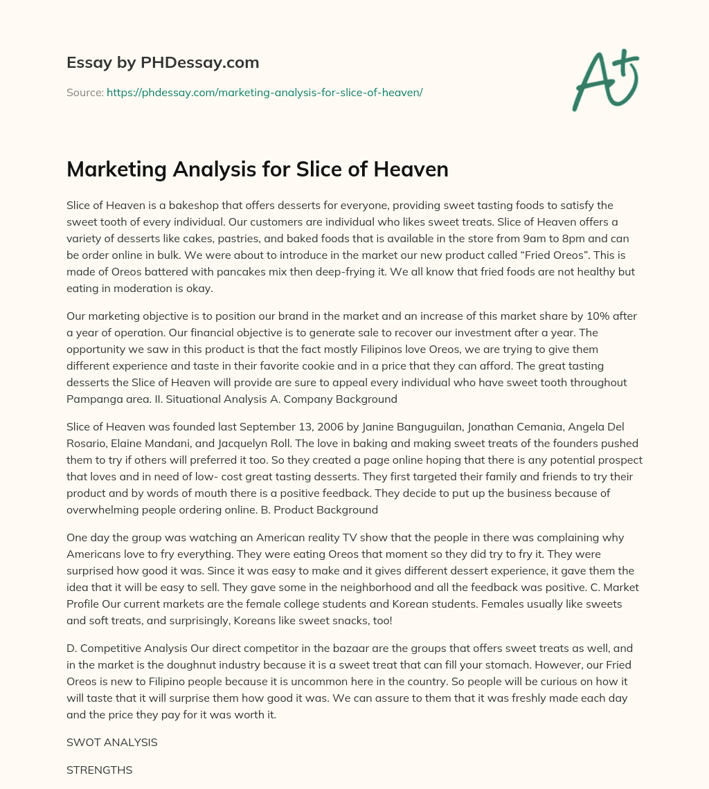 Marketing Analysis for Slice of Heaven essay