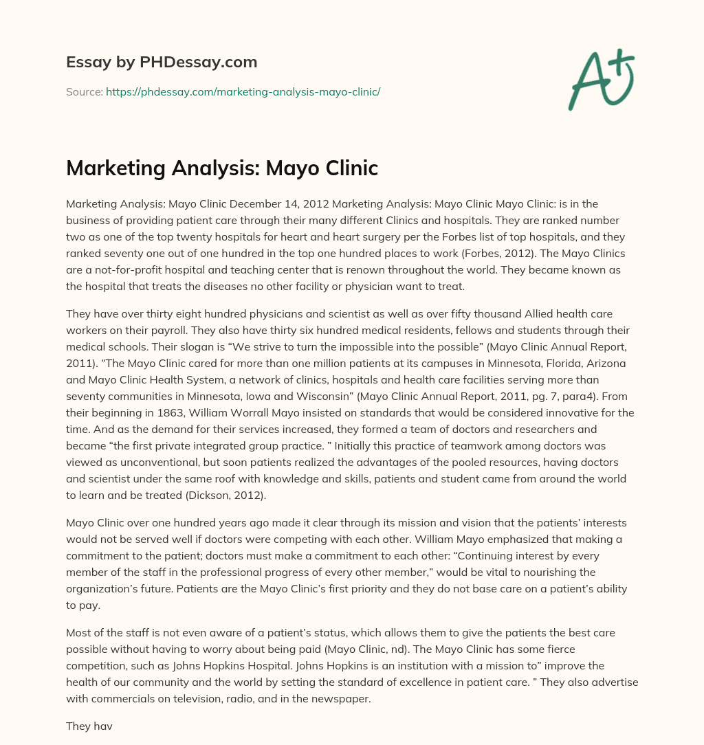 Marketing Analysis: Mayo Clinic essay