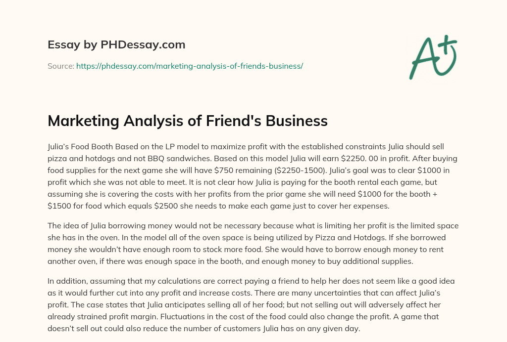 Marketing Analysis of Friend’s Business essay