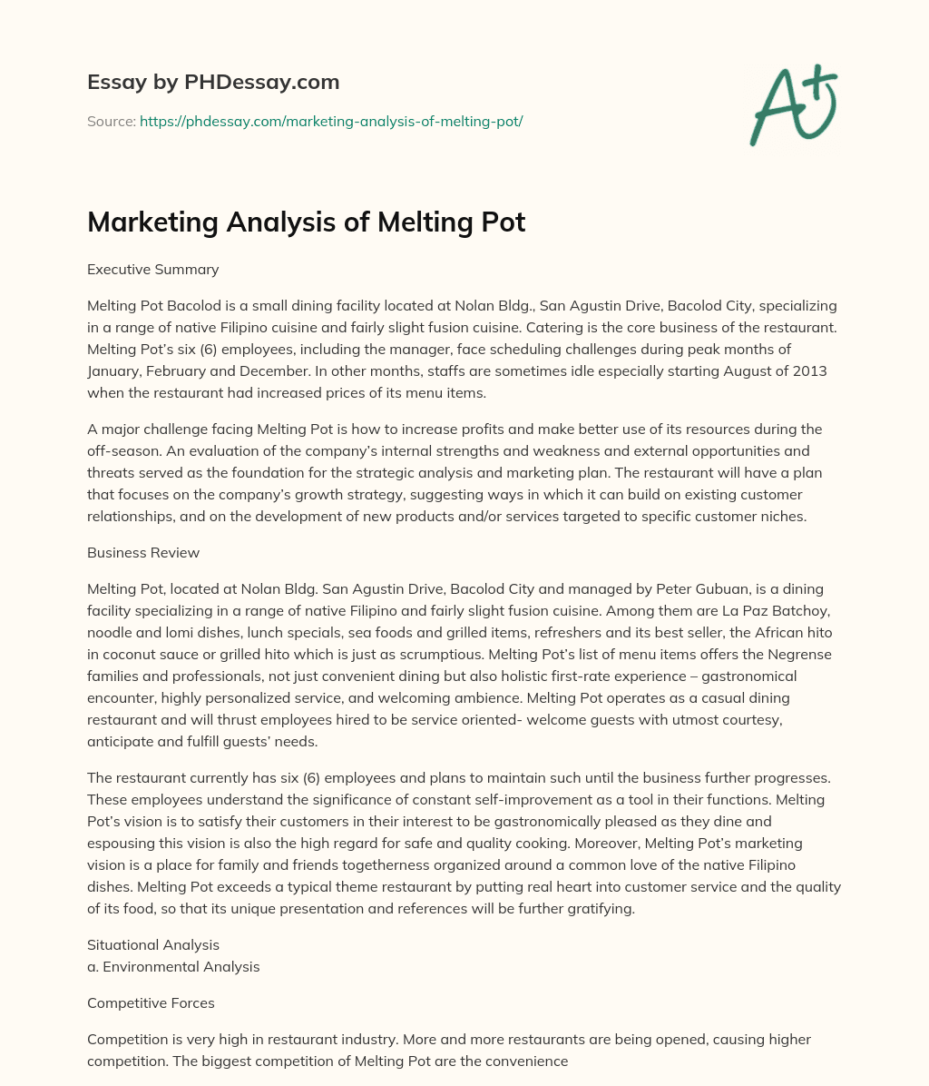 Marketing Analysis of Melting Pot essay