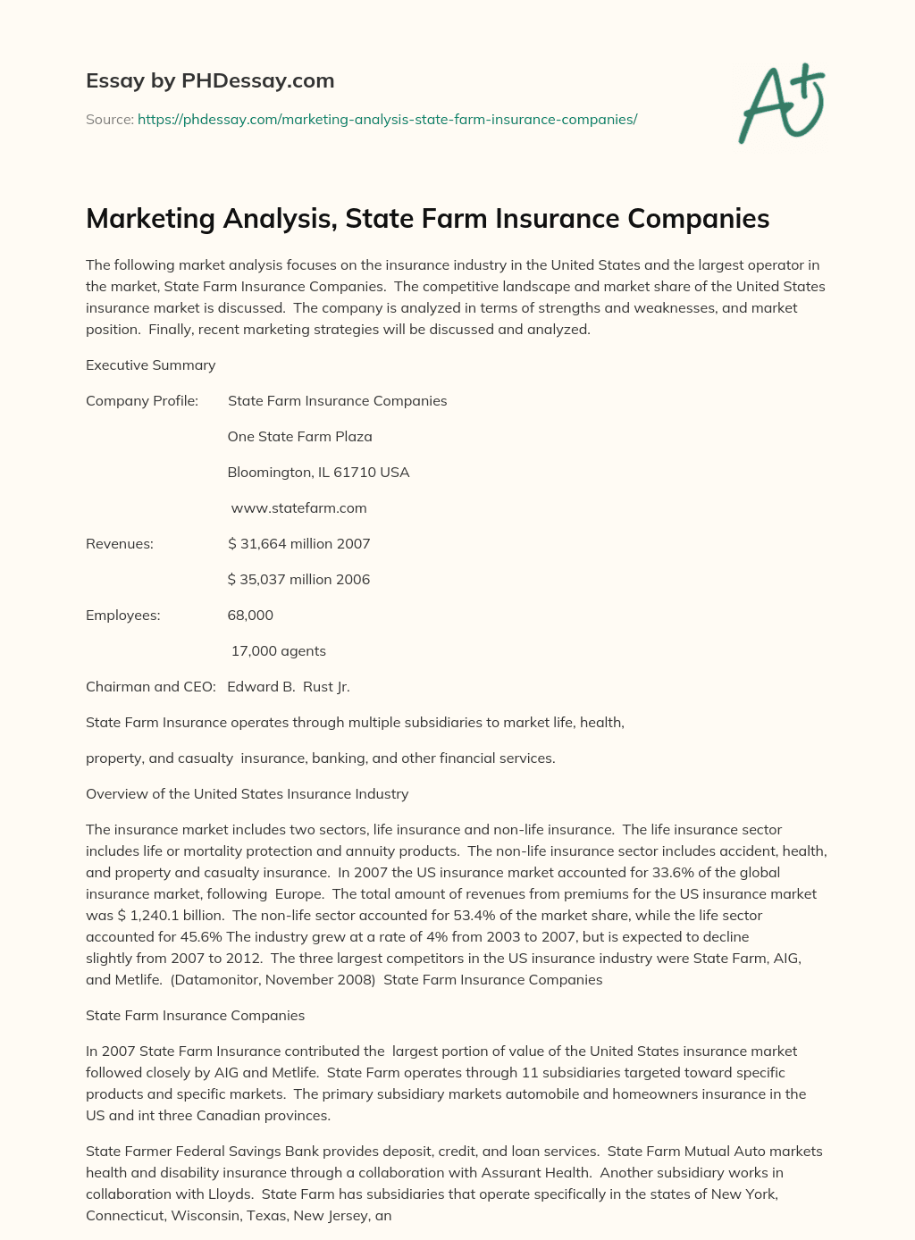 Marketing Analysis, State Farm Insurance Companies essay